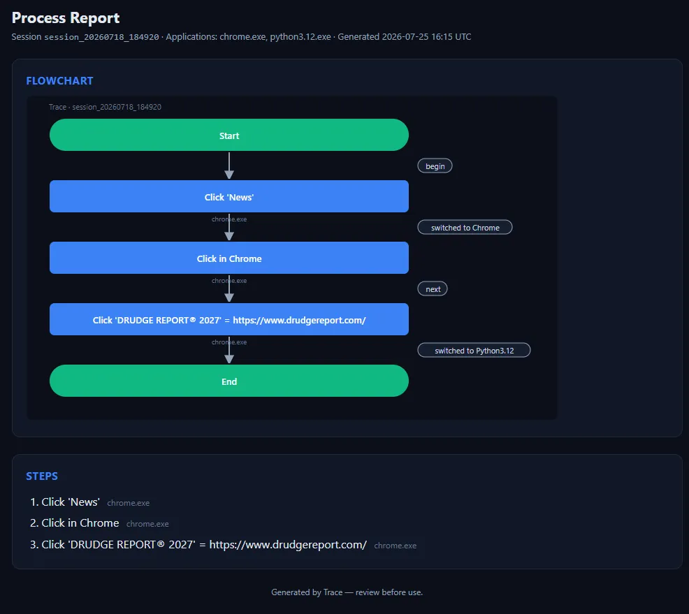 Trace's process report: an auto-generated flowchart and step list for a captured workflow.